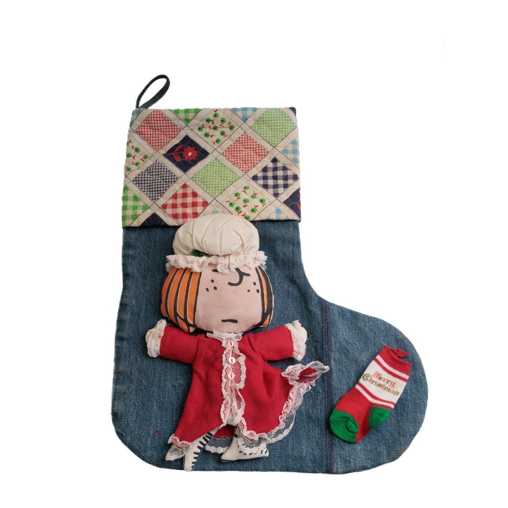 Vintage Handmade Denim Christmas Stocking Peanuts Peppermint Patty Appliqué